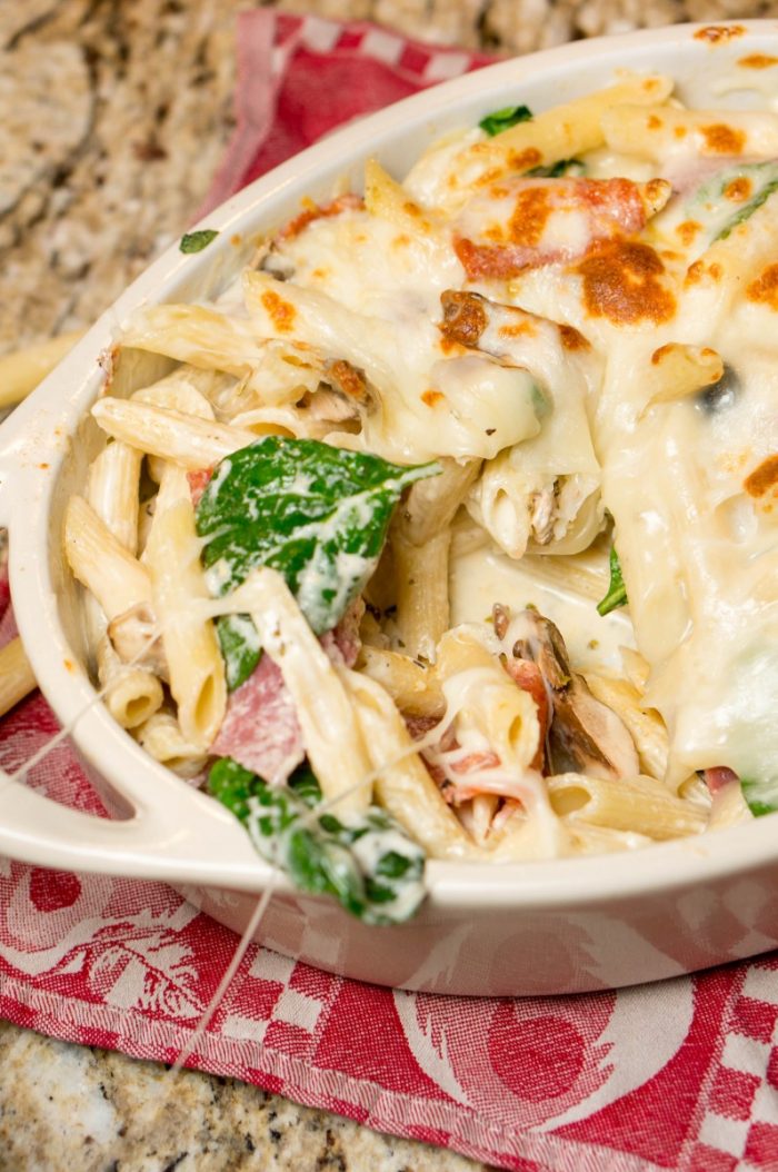 Our pizza pasta bake is an exciting twist on traditional pizza. For an easy dinner add your favorite toppings to a bed of noodles and load on the cheese.