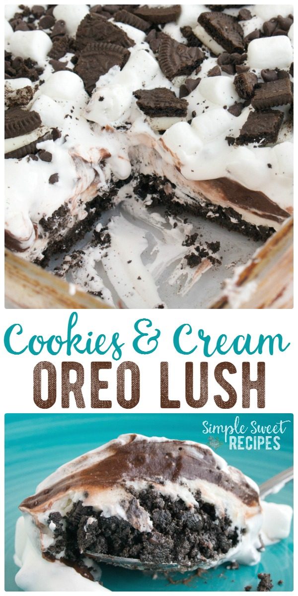 Oreos, chocolate, and marshmallows combine in this amazing Cookies n' Cream Oreo Lush dessert. Layers of yummy flavor in each bite. It all starts with an Oreo crust and then add a cream cheese layer, chocolate pudding, and marshmallow fluff with whip cream topping.