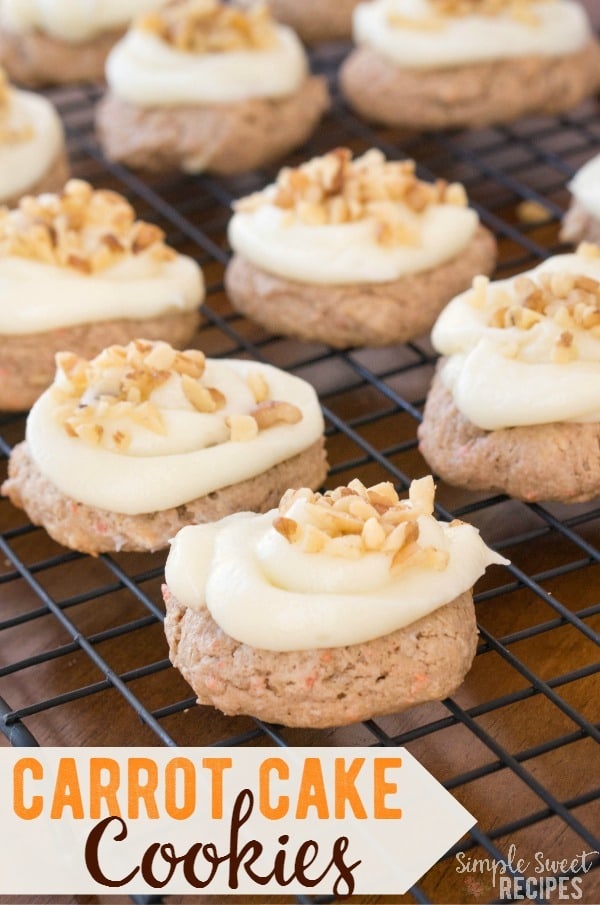 These carrot cake cookies are everything you love about carrot cake wrapped up in a yummy cookie. Cream cheese filled and topped with a cream cheese frosting. One of my favorite cookie recipes!