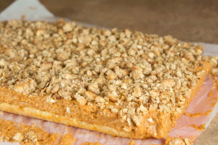 This yummy pumpkin pie layer bar recipes will remind you of a perfect, creamy slice of pumpkin pie! Tender shortbread crust and crumble topping makes it a dessert worthy to share at gatherings! Everyone will love this Fall dessert for Thanksgiving. Sprinkle with pumpkin spice as a pretty garnish.