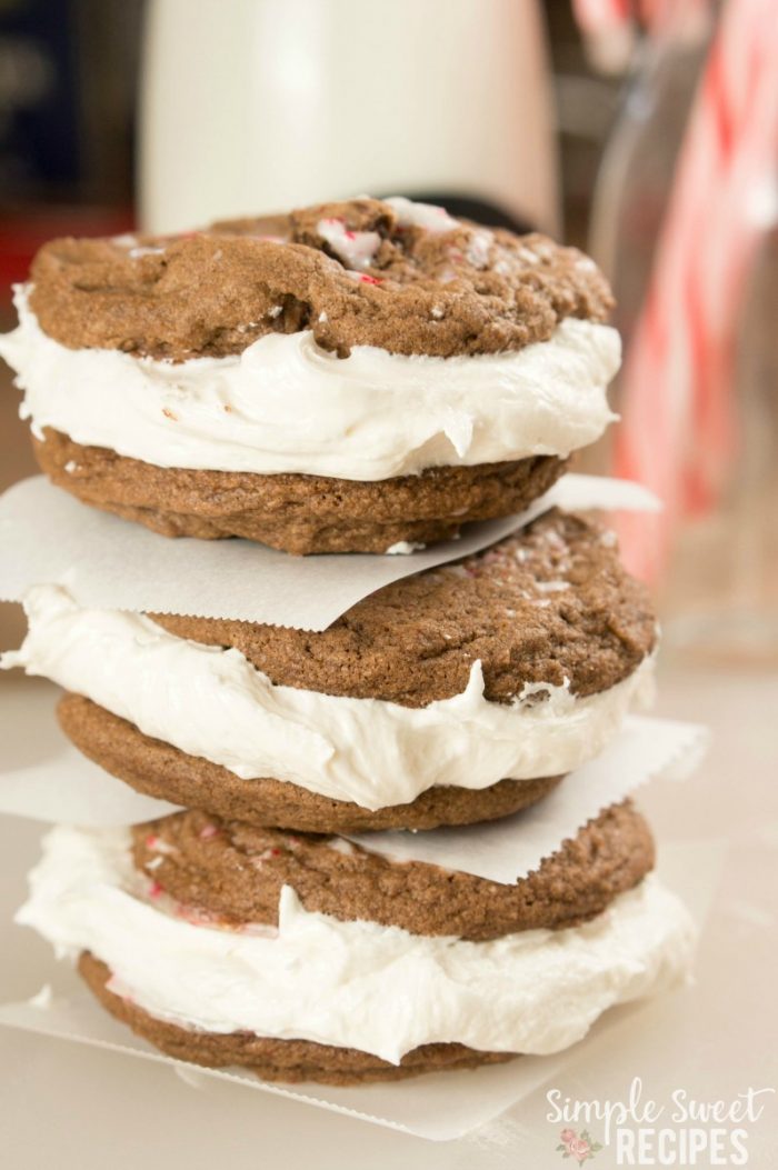 The perfect Christmas cookies, these Chocolate Peppermint Marshmallow Cream cookies will be a hit with everyone. Decadent, sweet, marshmallow cream filled! Great for holiday cookie swaps and as cookies for Santa!