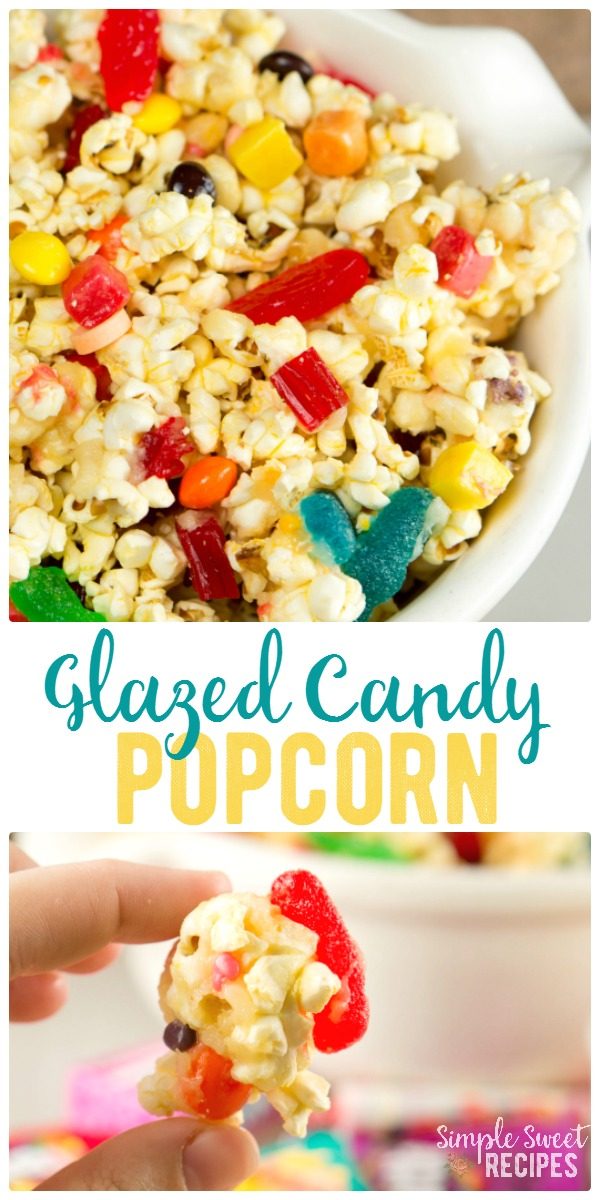 This sweet and salty glazed candy popcorn that is sure to be a delight! Perfect way to use up leftover Halloween candy as a treat for kids and adults alike. 