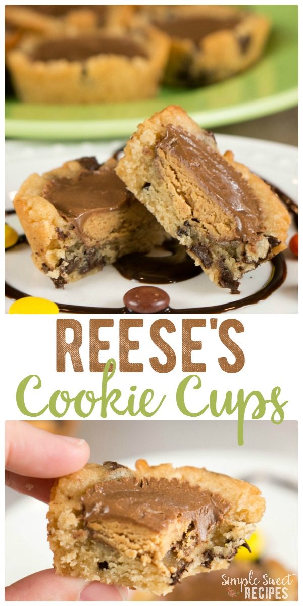 Chocolate and peanut butter combined with a favorite chocolate chip cookie recipe to make the ultimate Reese's cookie cups treat that's easy and tasty!