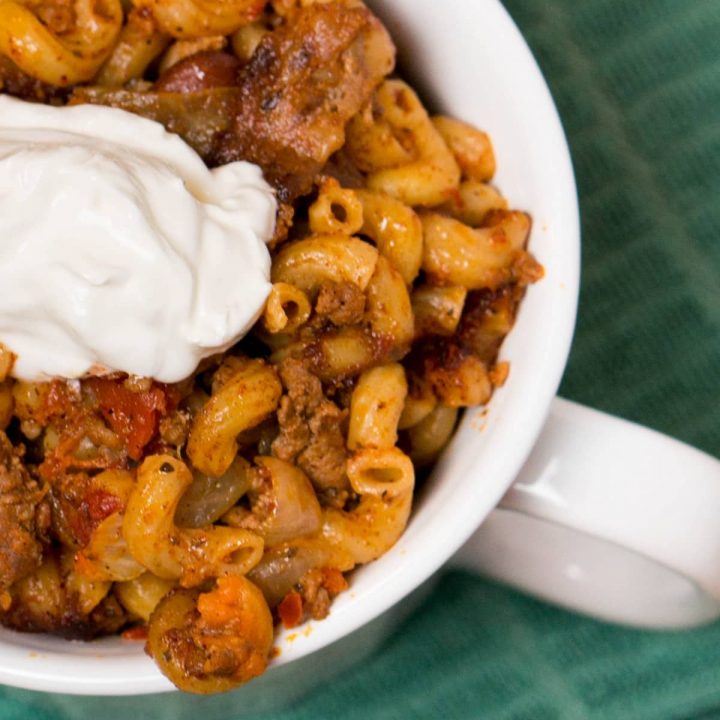 A hearty macaroni chili dinner meal that is easy and cheap to prepare. You probably have all of the ingredients already on hand! So filling with the added noodles and a one pot meal!