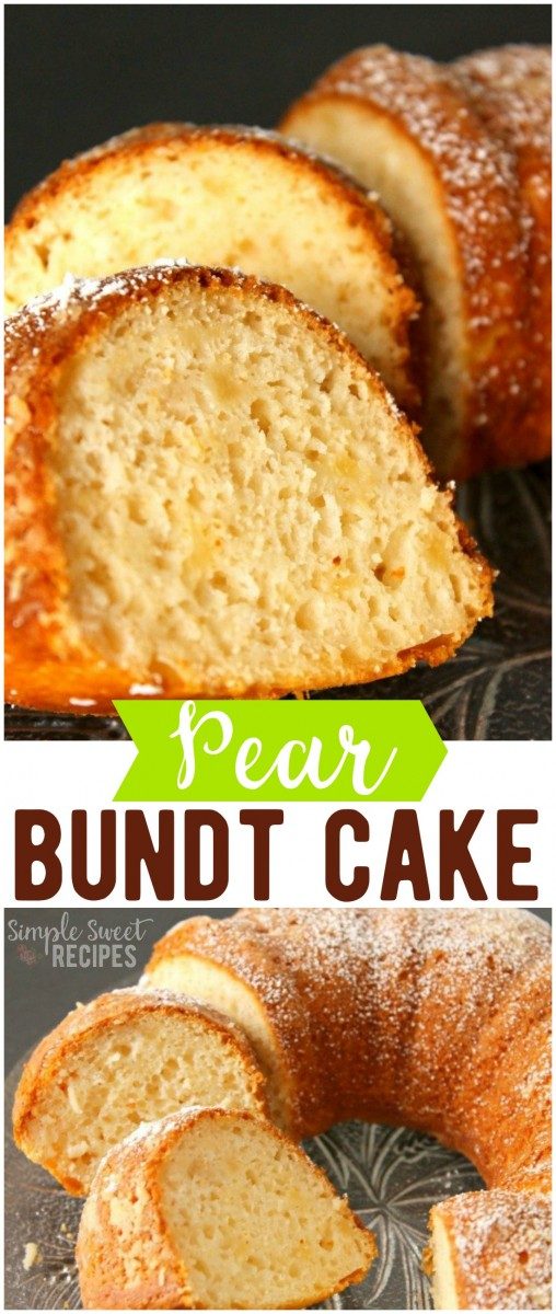 This easy and moist Pear Bundt Cake recipe uses just 4 easy ingredients and about 5 minutes prep! Then, just bake and sprinkle with powdered sugar.