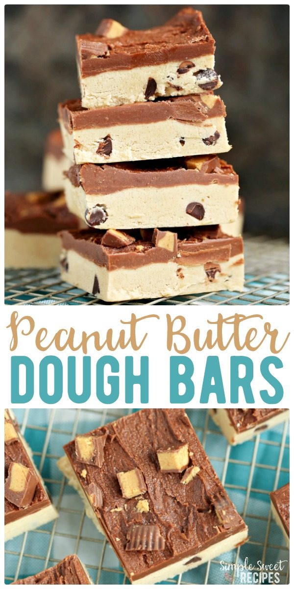 Try these Peanut Butter dough bars topped with peanut butter cups. They'll quickly become your go-to favorite treat recipe! Combining cookie dough and layers of peanut butter and chocolate - there's not much better. 