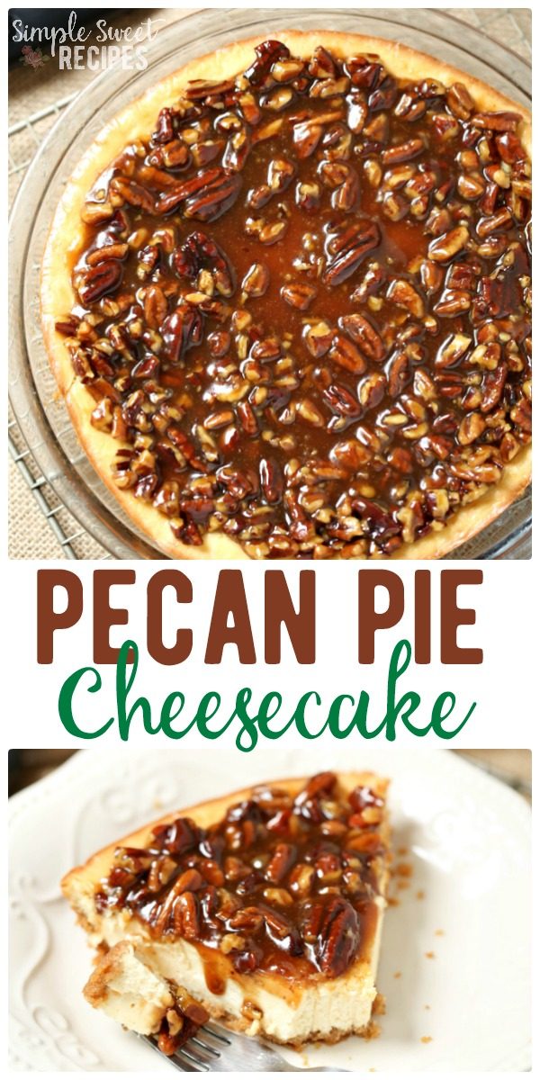 This easy pecan cheesecake pie will be the hit of your gathering. It's a cinch to make in a graham cracker crust with added layers of cheesecake and the traditional pecan pie topping you love. #pecanpie #pecans #pecancheesecake #cheesecake #thanksgiving #dessert #easydessert #cheesecakepie