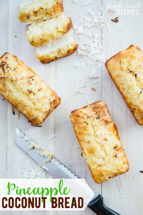 A taste of the islands, this pineapple coconut bread recipe combines your favorite two ingredients into a sweet loaf that takes about 10 minutes prep. #Pineapple #Coconut #Bread #Loaf #BreadRecipes #recipes #PineappleBread