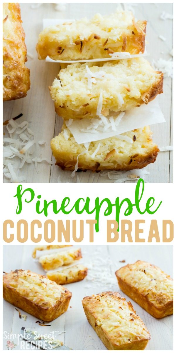 A taste of the islands, this pineapple coconut bread recipe combines your favorite two ingredients into a sweet loaf that takes about 10 minutes prep. #Pineapple #Coconut #Bread #Loaf #BreadRecipes #recipes #PineappleBread
