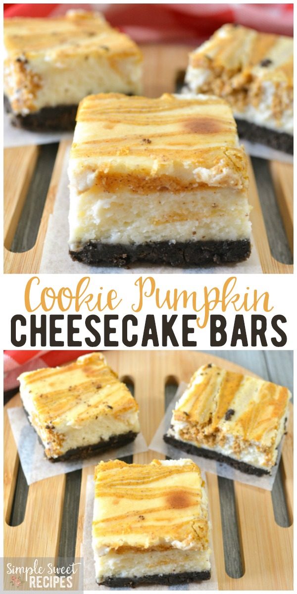 The perfect fall dessert, these cookie crust pumpkin cheesecake bars are rich with flavor and striking with the layers and swirled pumpkin cheesecake filling. #dessert #pumpkin #pumpkincheesecake #pumpkindesserts #falldesserts #cookiecrust #cookies #cheesecake #cheesecakebars #recipes