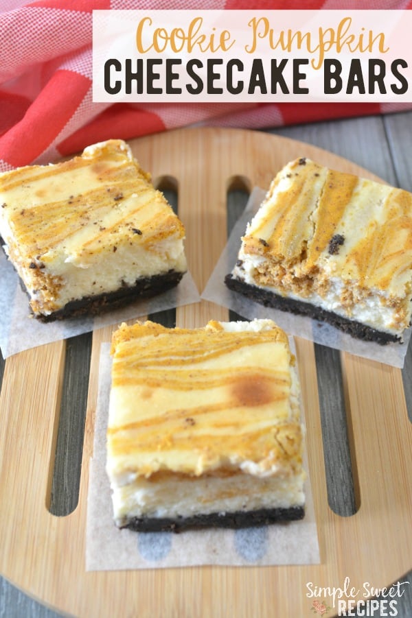 The perfect fall dessert, these Oreo cookie crust pumpkin cheesecake bars are rich with flavor and striking with the layers and swirled pumpkin cheesecake filling. #dessert #pumpkin #pumpkincheesecake #pumpkindesserts #falldesserts #cookiecrust #cookies #cheesecake #cheesecakebars #recipes