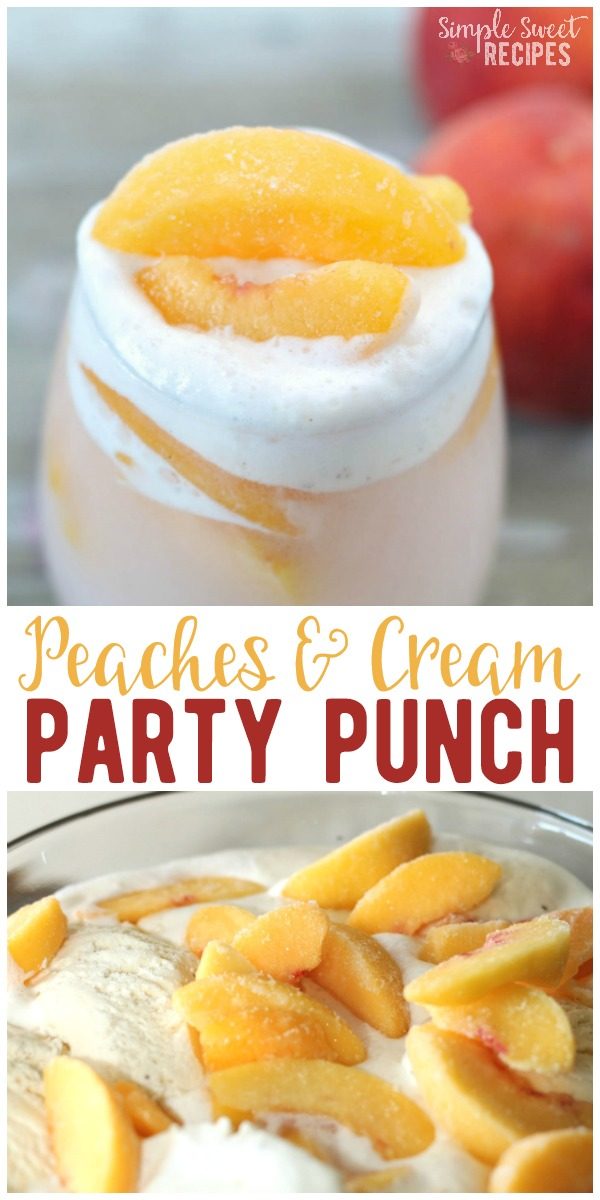 This fun twist on classic peaches & cream desert, try this fun party punch peach drink that's completely family friendly. With just 4 easy ingredients, this peaches and cream drink is a cinch! 