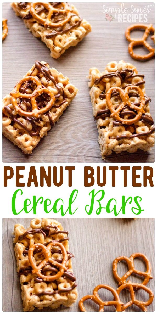 Homemade, no-bake, so easy cereal bars! These are loaded with cheerios, marshmallow, and peanut butter and topped with chocolate and pretzels. The perfect combination of sweet and salty with lots of protein to keep you feeling full longer. A fun breakfast on the go option or after school snack / treat. #cereal #breakfastbars #cerealbars #cheerios #pretzelbars #dessert #snacks #afterschoolsnacks #marshmallows #chocolate
