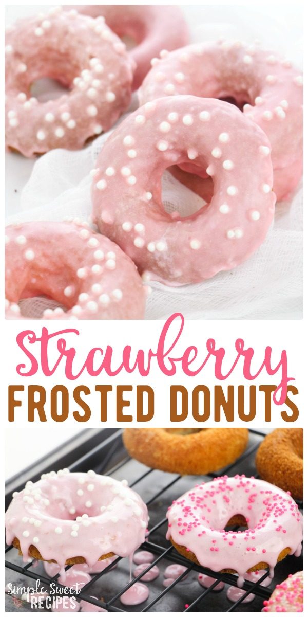 Easy Strawberry Frosted Donuts recipe -- Complete with a fresh strawberry glaze to top this simple baked donuts. The perfect pick-me-up after a long week or just because! Add this classic to your breakfast recipes.