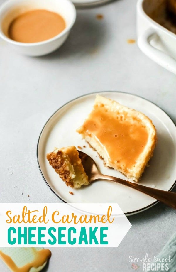 Salted Caramel Cheesecake Bars are easy to make and absolutely delicious! The perfect dessert recipe to share. 