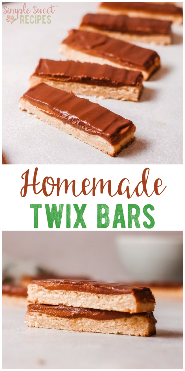 A delicious copycat recipe of a childhood favorite! Making homemade Twix Bars at home is incredibly easy: a shortbread cookie layer topped with creamy and chewy caramel and finished with a sweet chocolate layer, this recipe is going to become a staple in your home. 