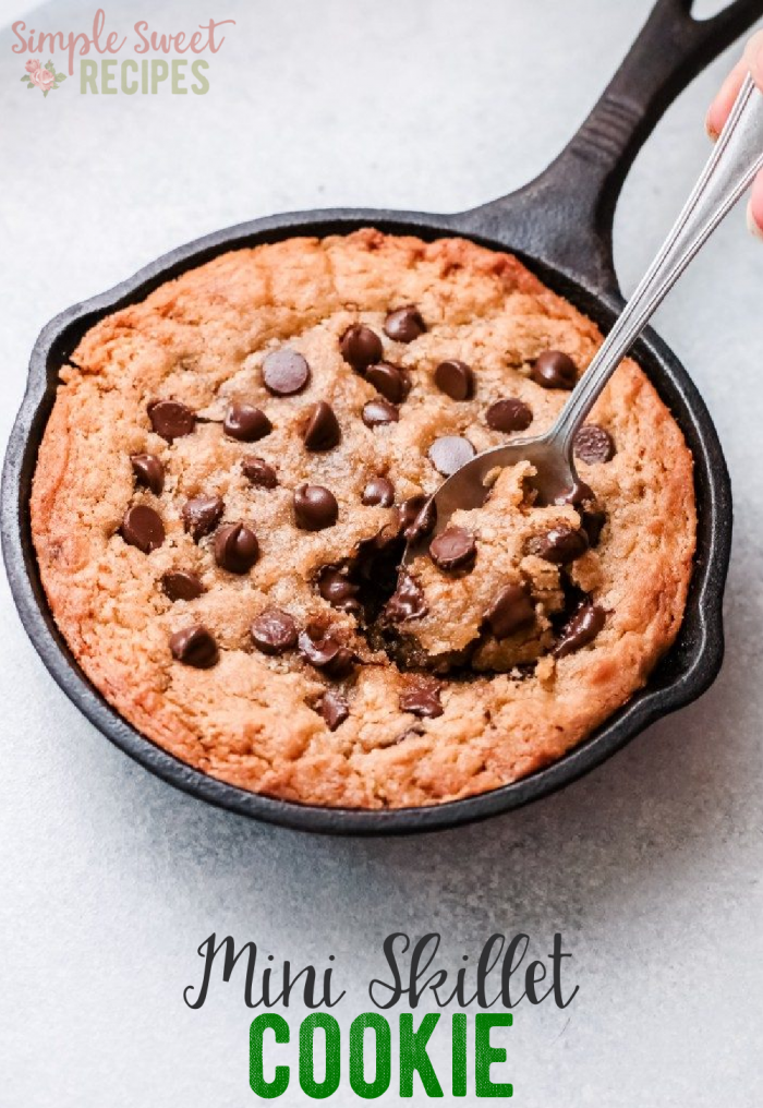 This Mini Skillet Cookie recipe is so easy to make and just the right portions for 2 or 3 to share (or eat it all yourself, I won't judge). The best homemade chocolate chip cookie dough recipe baked in a skillet for a gooey delicious cookie with a perfectly crisp edge! Top with ice cream for an extra perfect dessert!